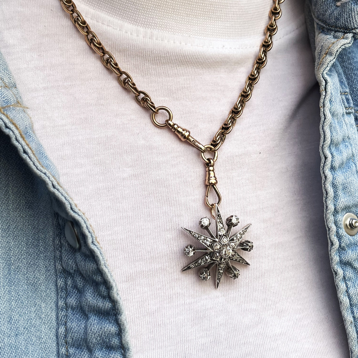 ANTIQUE VICTORIAN c1850 DIAMOND STARBURST PENDANT SILVER &amp; 9ct GOLD