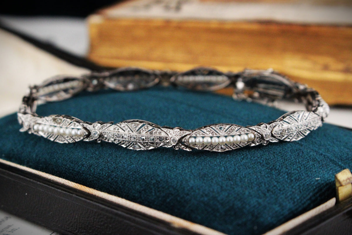ART DECO DIAMOND &amp; PEARL BRACELET 9ct GOLD
