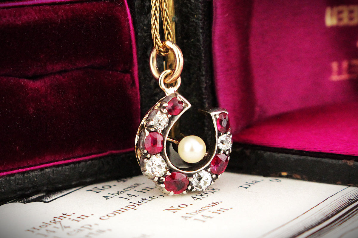 ANTIQUE VICTORIAN RUBY DIAMOND &amp; PEARL HORSESHOE PENDANT 9ct GOLD