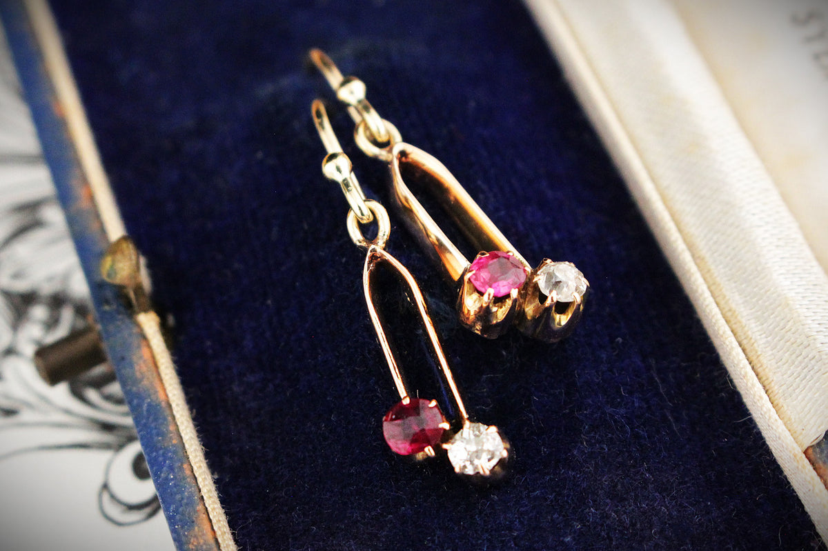 ANTIQUE VICTORIAN RUBY &amp; DIAMOND EARRINGS 9ct GOLD