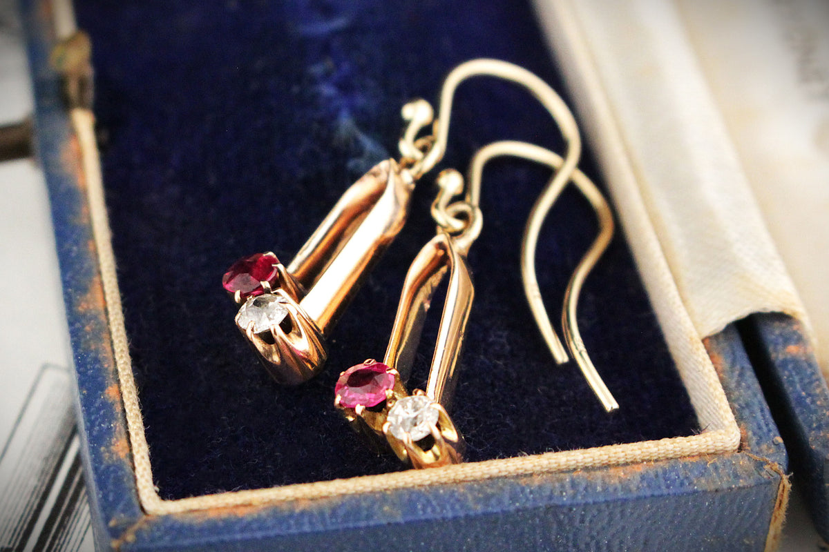 ANTIQUE VICTORIAN RUBY &amp; DIAMOND EARRINGS 9ct GOLD