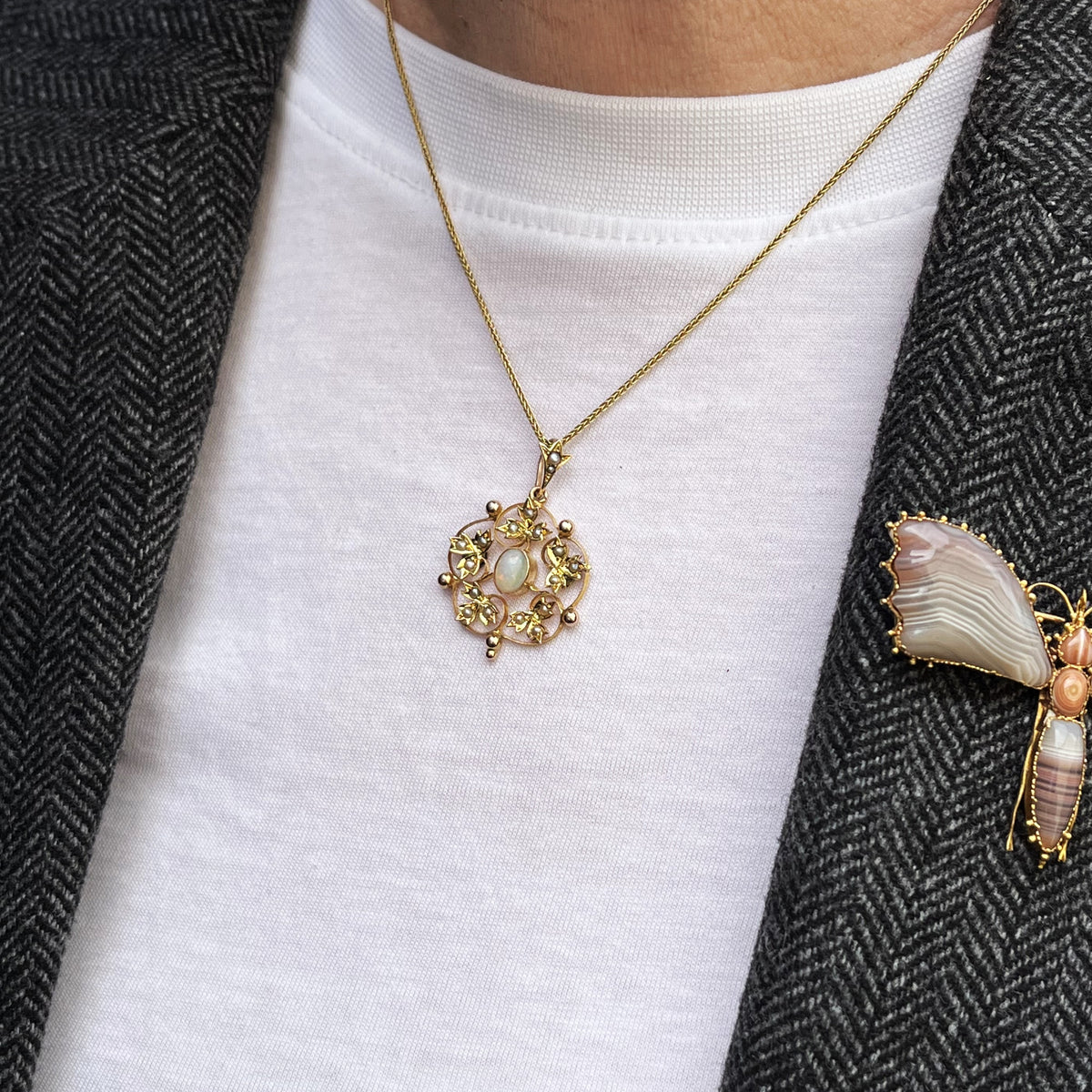 ANTIQUE EDWARDIAN c1900 OPAL &amp; SEED PEARL PENDANT 9ct GOLD