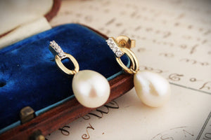 VINTAGE ESTATE DIAMOND & PEARL EARRINGS 9ct GOLD