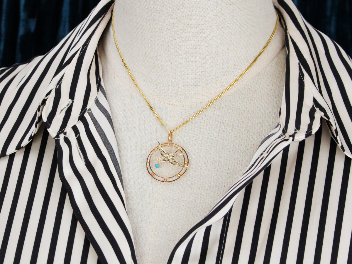 ANTIQUE EDWARDIAN SEED PEARL &amp; TURQUOISE SWALLOW PENDANT 9ct GOLD