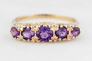 VINTAGE AMETHYST FIVE STONE RING 9ct GOLD