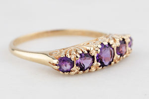VINTAGE AMETHYST FIVE STONE RING 9ct GOLD
