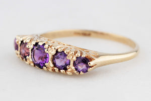 VINTAGE AMETHYST FIVE STONE RING 9ct GOLD