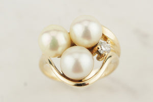 RETRO ESTATE 18ct GOLD AKOYA PEARL & DIAMOND DRESS RING