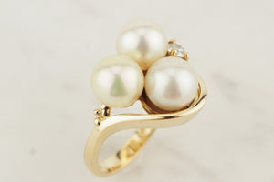 RETRO ESTATE 18ct GOLD AKOYA PEARL & DIAMOND DRESS RING