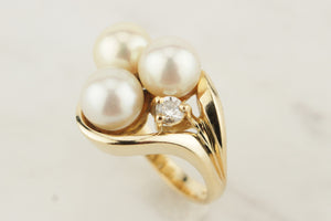 RETRO ESTATE 18ct GOLD AKOYA PEARL & DIAMOND DRESS RING