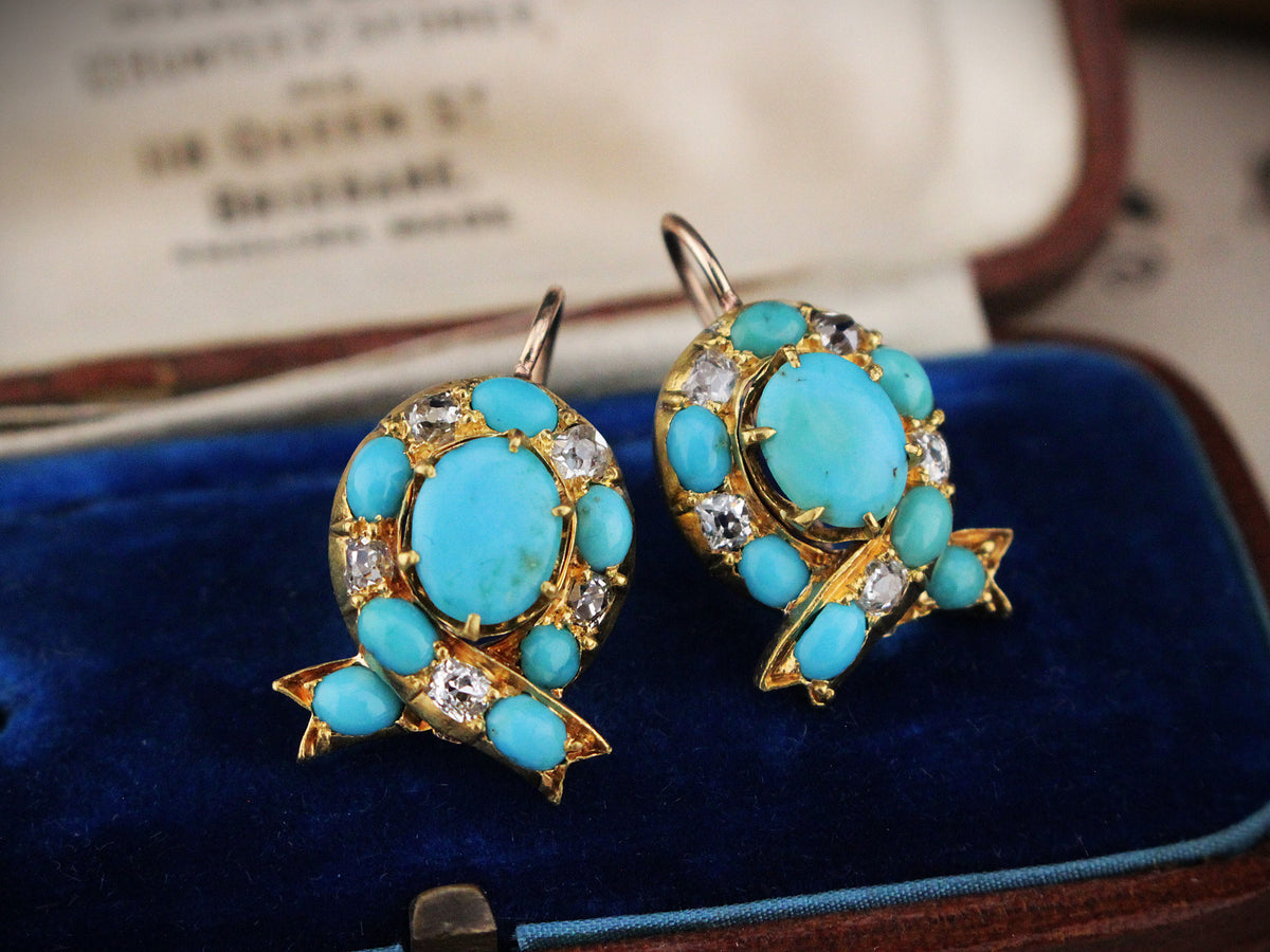 ANTIQUE VICTORIAN TURQUOISE &amp; DIAMOND EARRINGS 18ct GOLD