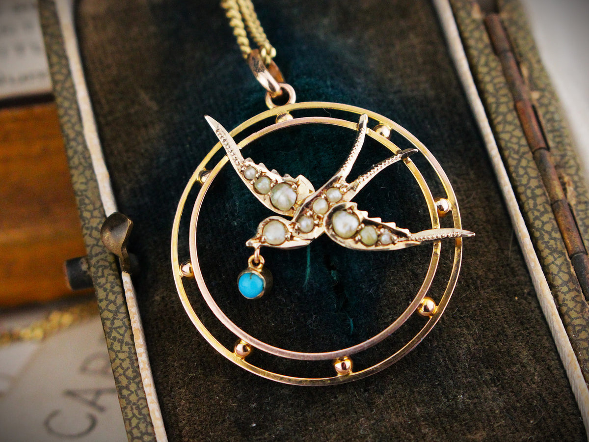 ANTIQUE EDWARDIAN SEED PEARL &amp; TURQUOISE SWALLOW PENDANT 9ct GOLD