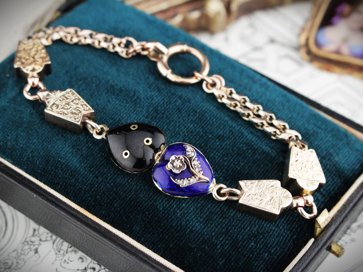 ANTIQUE VICTORIAN DIAMOND &amp; ENAMEL BRACLET 9ct GOLD