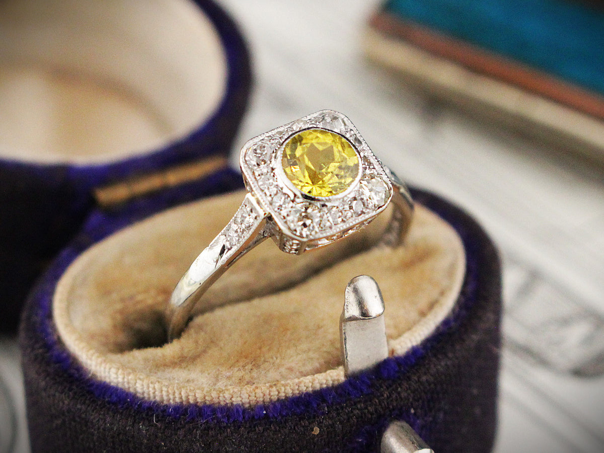 ART DECO c1920 YELLOW SAPPHIRE &amp; DIAMOND RING 18ct GOLD &amp; PLATINUM