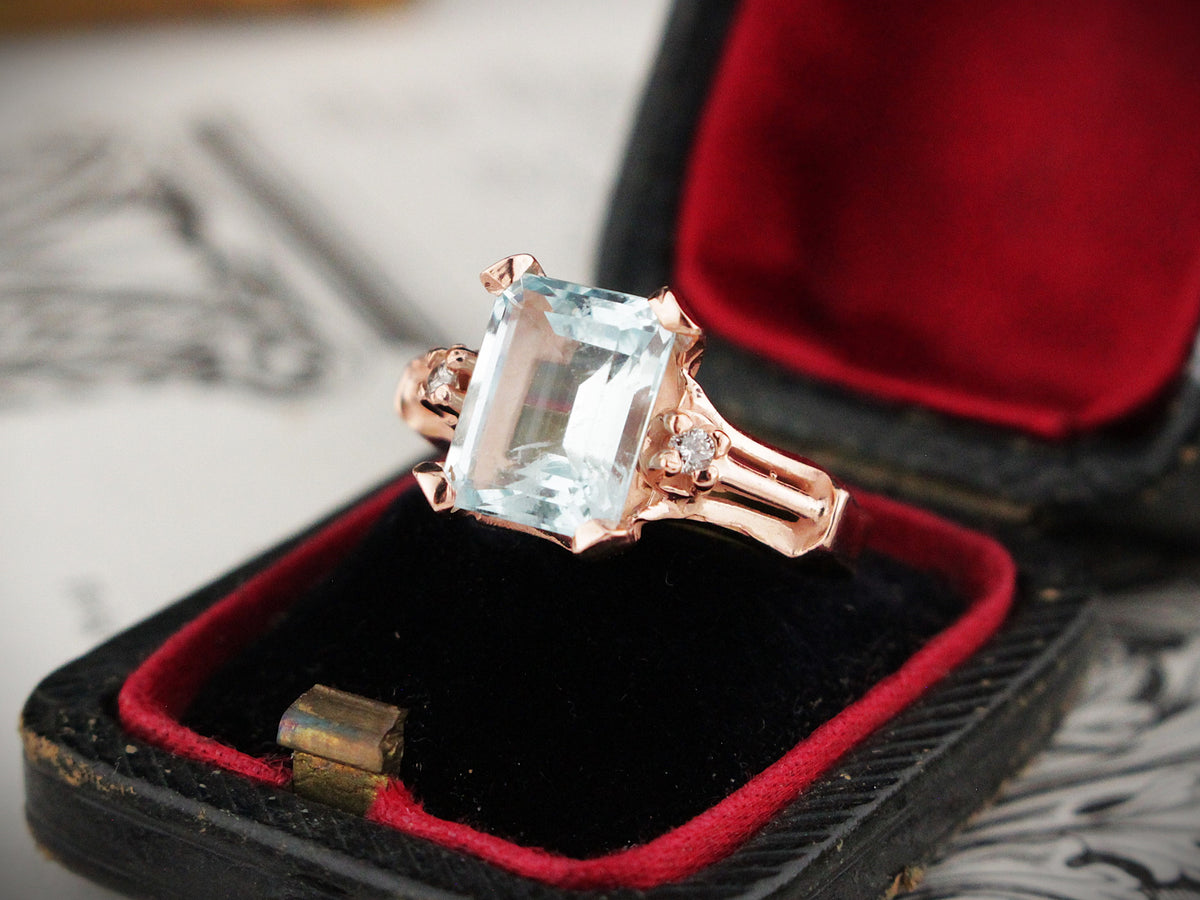 MID CENTURY AQUAMARINE &amp; DIAMOND RING 10ct ROSE GOLD