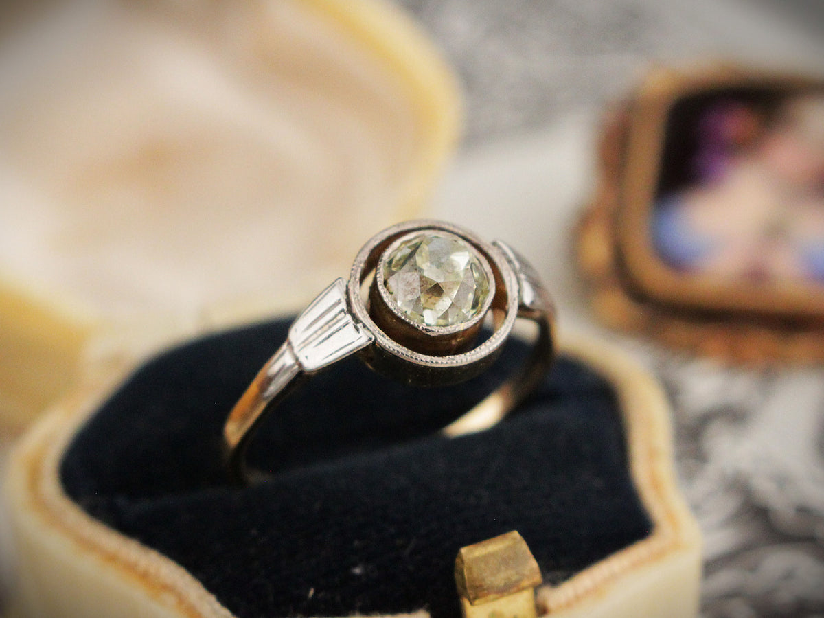 ANTIQUE .90ct OLD MINE CUT DIAMOND RING PALLADIUM &amp; 18ct GOLD
