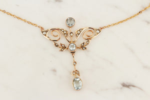 ANTIQUE EDWARDIAN 9ct GOLD c1910 BLUE PASTE & SEED PEARL NECKLACE