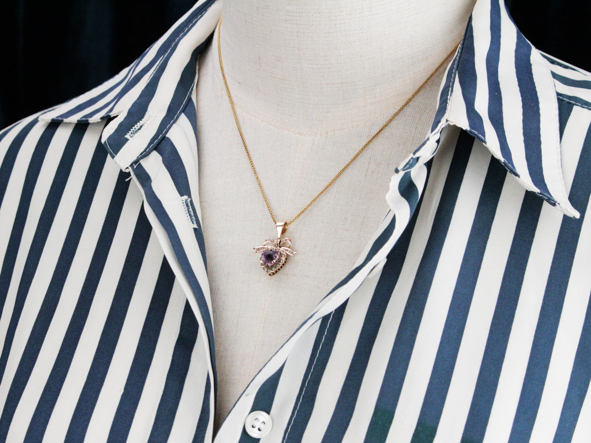 ANTIQUE EDWARDIAN AMETHYST HEART & SEED PEARL PENDANT 9ct GOLD