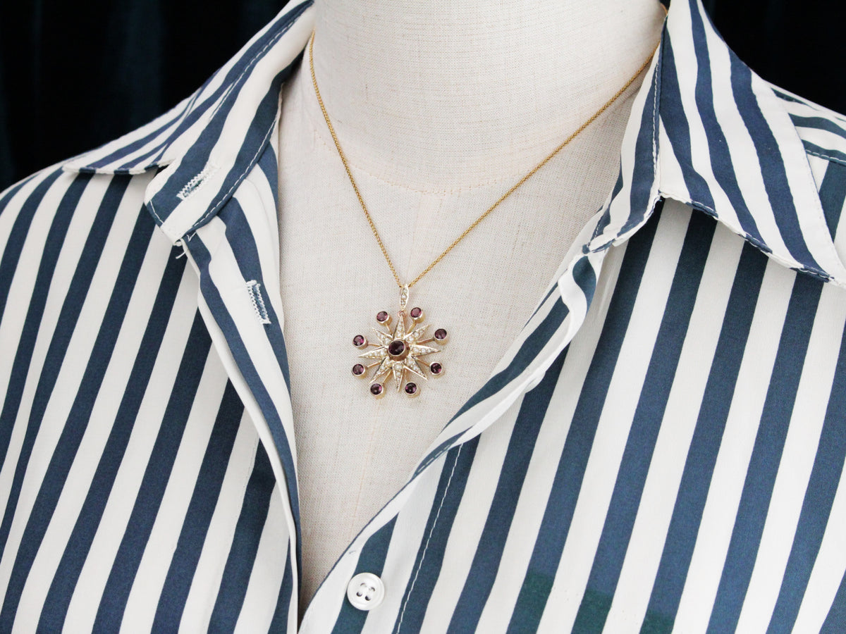 ANTIQUE PURPLE PASTE &amp; SEED PEARL CELESTIAL STAR PENDANT 9ct GOLD