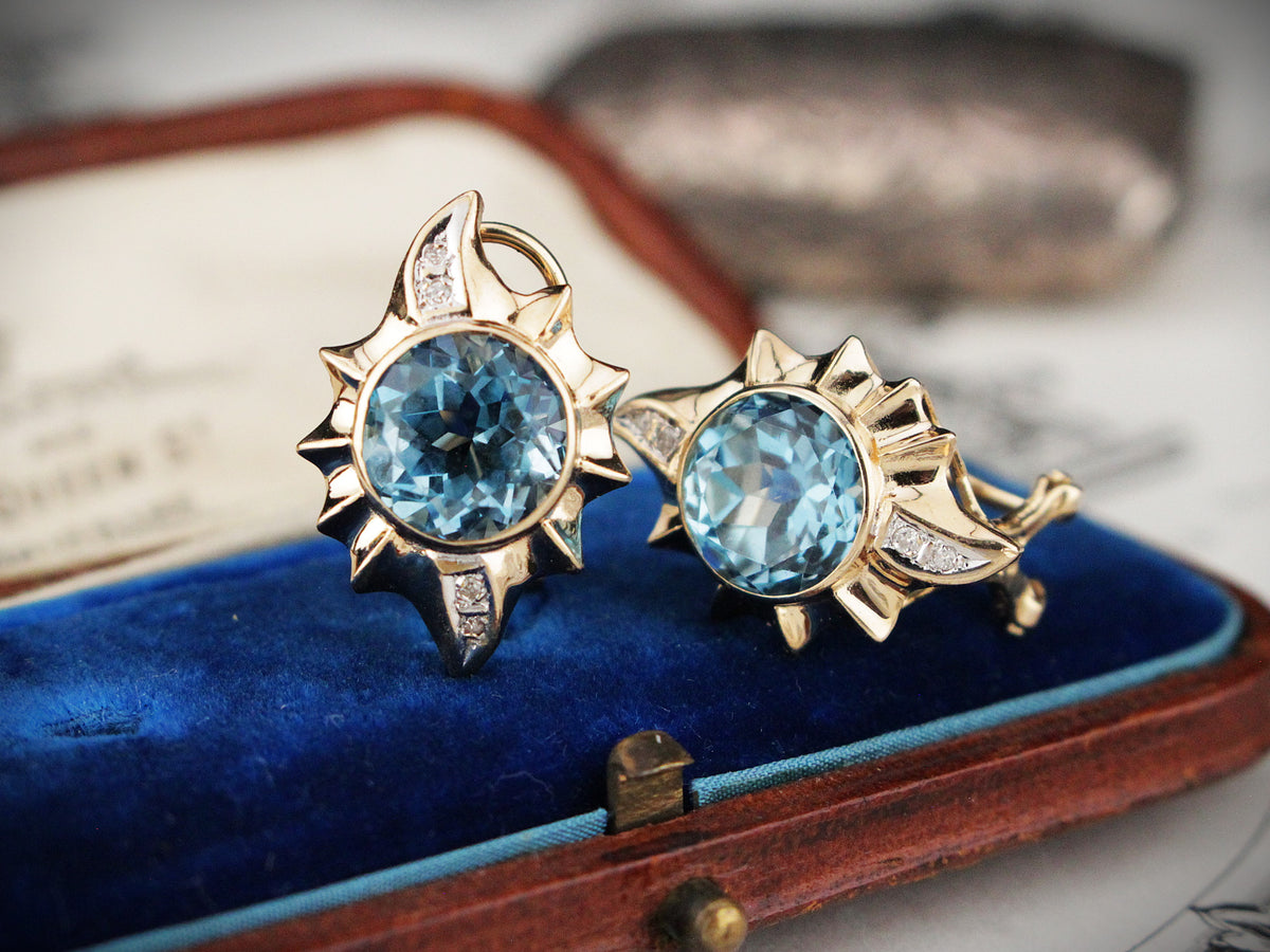 VINTAGE TOPAZ &amp; DIAMOND EARRINGS 14ct GOLD