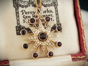 ANTIQUE PURPLE PASTE & SEED PEARL CELESTIAL STAR PENDANT 9ct GOLD