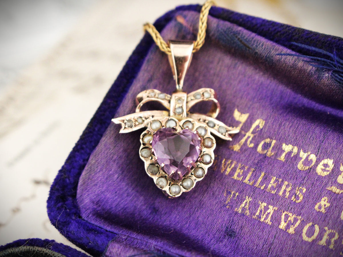 ANTIQUE EDWARDIAN AMETHYST HEART & SEED PEARL PENDANT 9ct GOLD