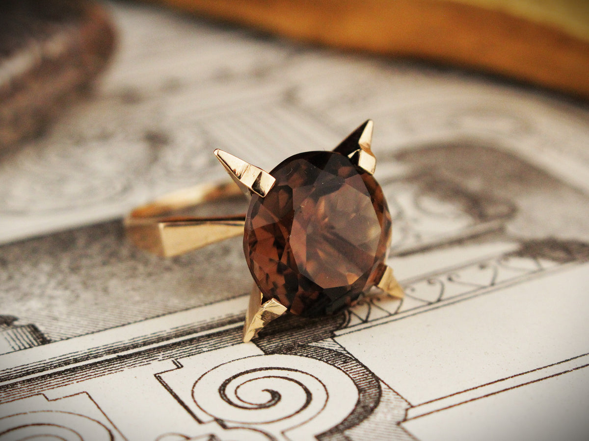 MID CENTURY SMOKY QUARTZ COCKTAIL RING 9ct GOLD