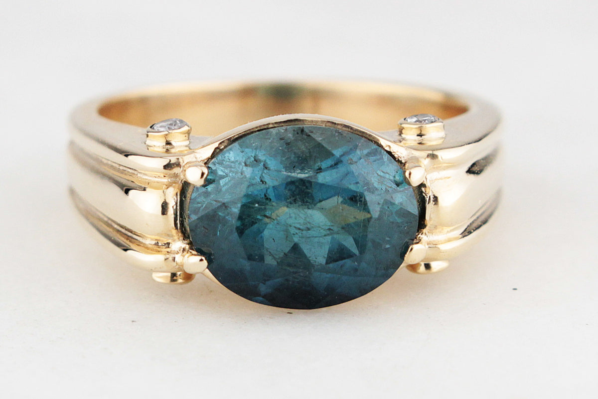 BESPOKE TEAL TOURMALINE & DIAMOND RING 9ct GOLD
