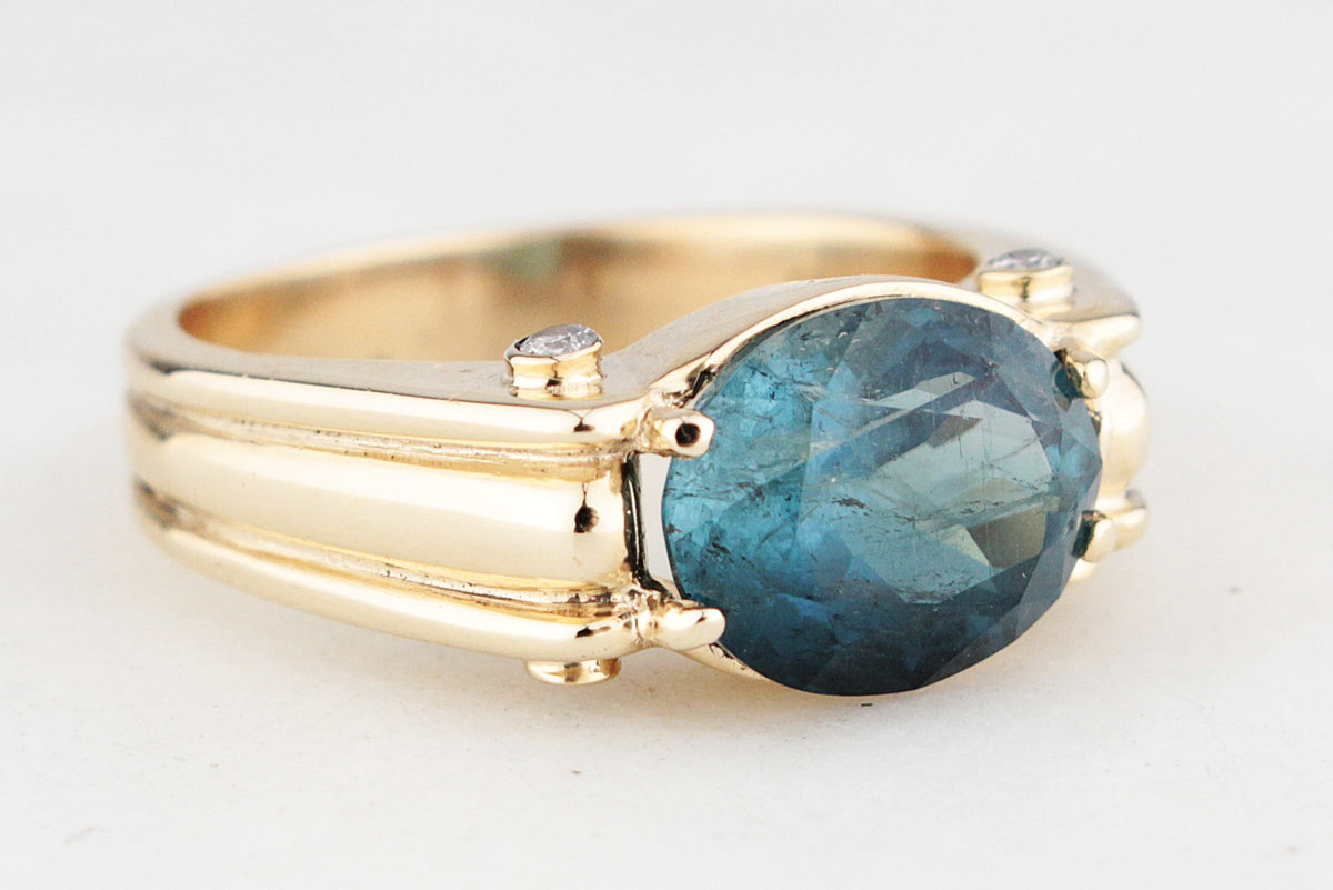 BESPOKE TEAL TOURMALINE & DIAMOND RING 9ct GOLD
