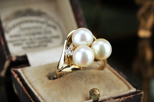 RETRO ESTATE 18ct GOLD AKOYA PEARL & DIAMOND DRESS RING