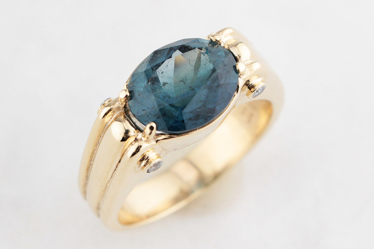 BESPOKE TEAL TOURMALINE & DIAMOND RING 9ct GOLD