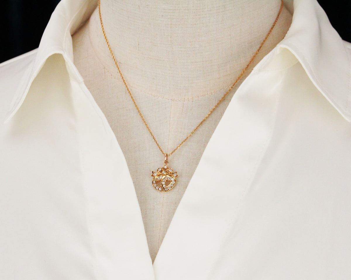 ANTIQUE EDWARDIAN DIAMOND DOUBLE HEART PENDANT 15ct GOLD