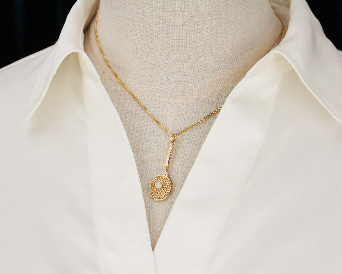 RETRO SOLID OPAL TENNIS RACKET PENDANT 9ct GOLD