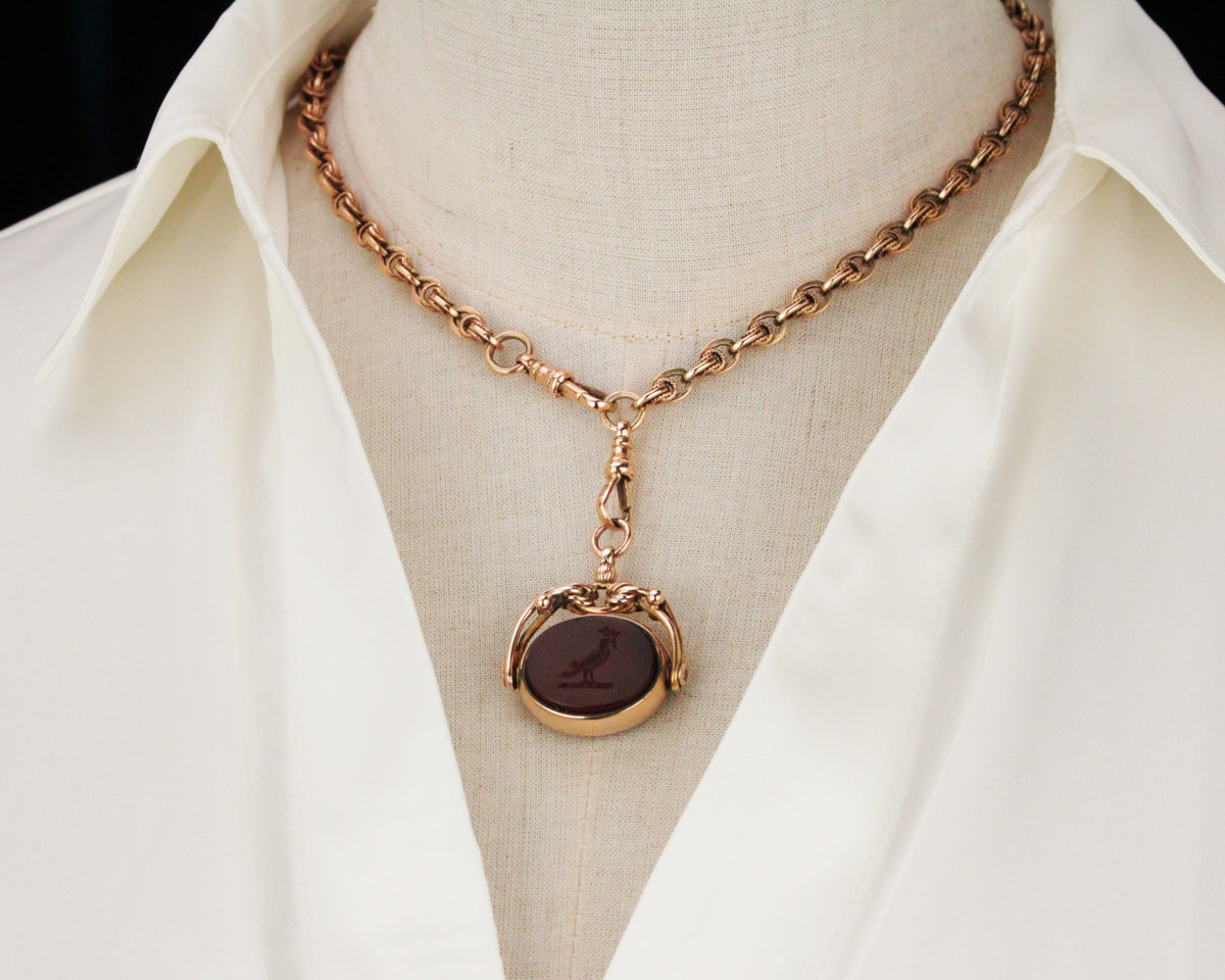 ANTIQUE VICTORIAN CARNELIAN INTAGLIO &amp; BLOODSTONE SEAL FOB SPINNER 9ct GOLD