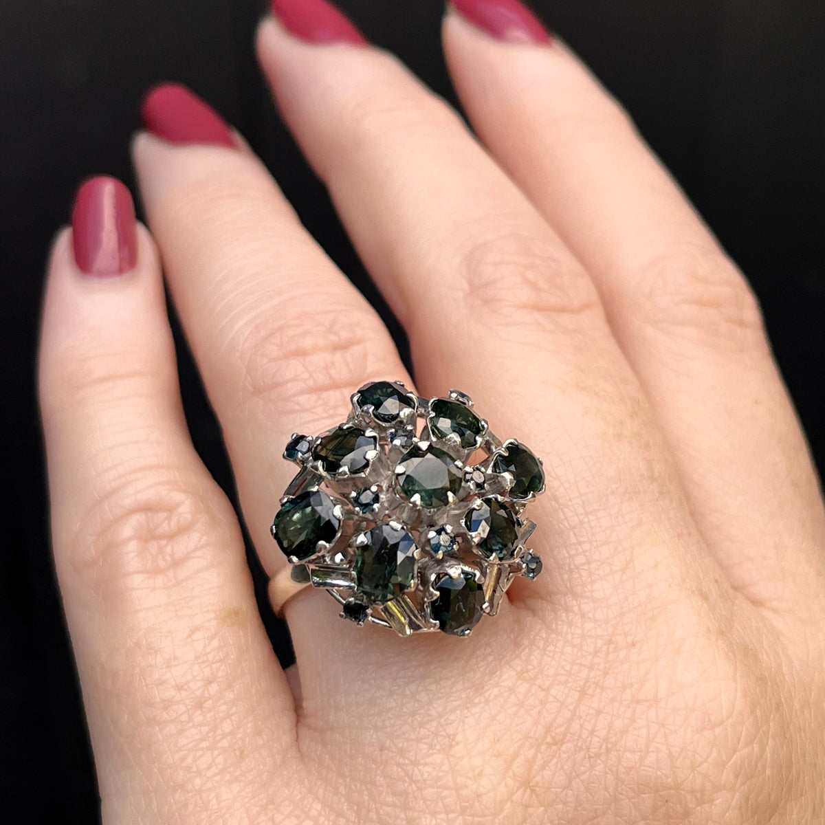 VINTAGE MID CENTURY c1960 GREEN SAPPHIRE COCKTAIL RING 14ct WHITE GOLD