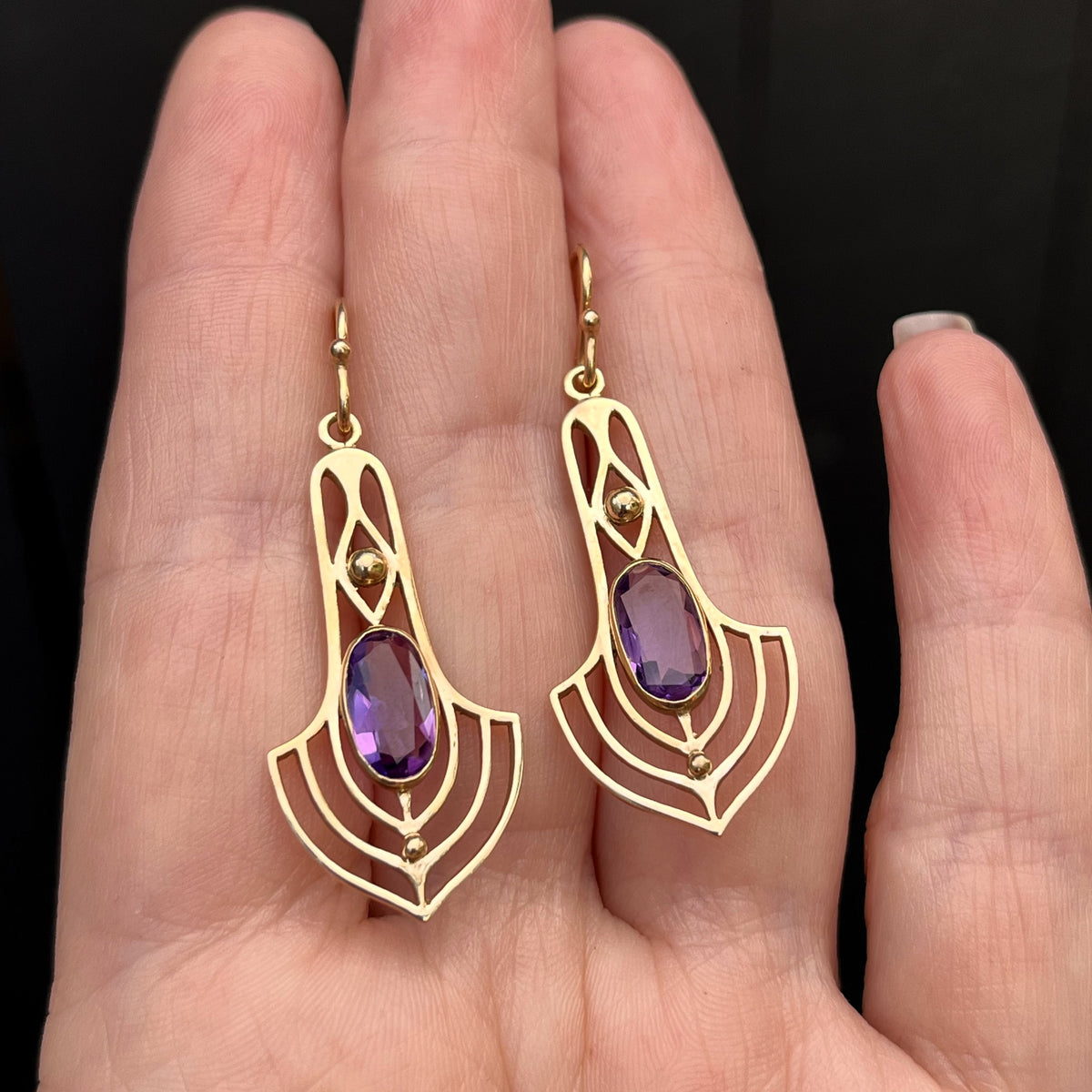 VINTAGE ESTATE ART NOUVEAU STYLE AMETHYST EARRINGS 9ct GOLD