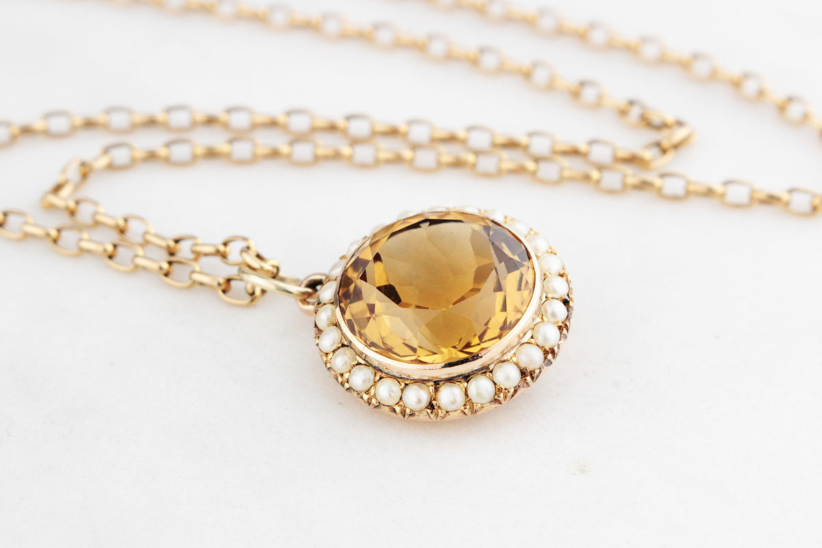 ANTIQUE EDWARDIAN CITRINE &amp; PEARL PENDANT 9ct GOLD
