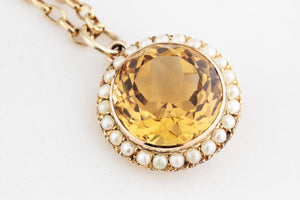 ANTIQUE EDWARDIAN CITRINE & PEARL PENDANT 9ct GOLD
