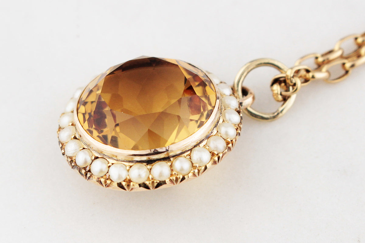 ANTIQUE EDWARDIAN CITRINE &amp; PEARL PENDANT 9ct GOLD