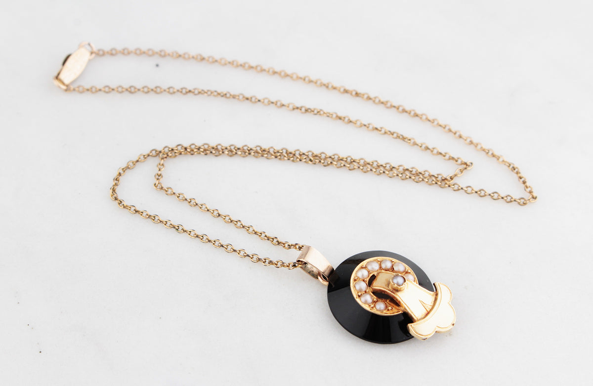 ANTIQUE EDWARDIAN ONYX &amp; SEED PEARL PENDANT &amp; CHAIN 9ct GOLD