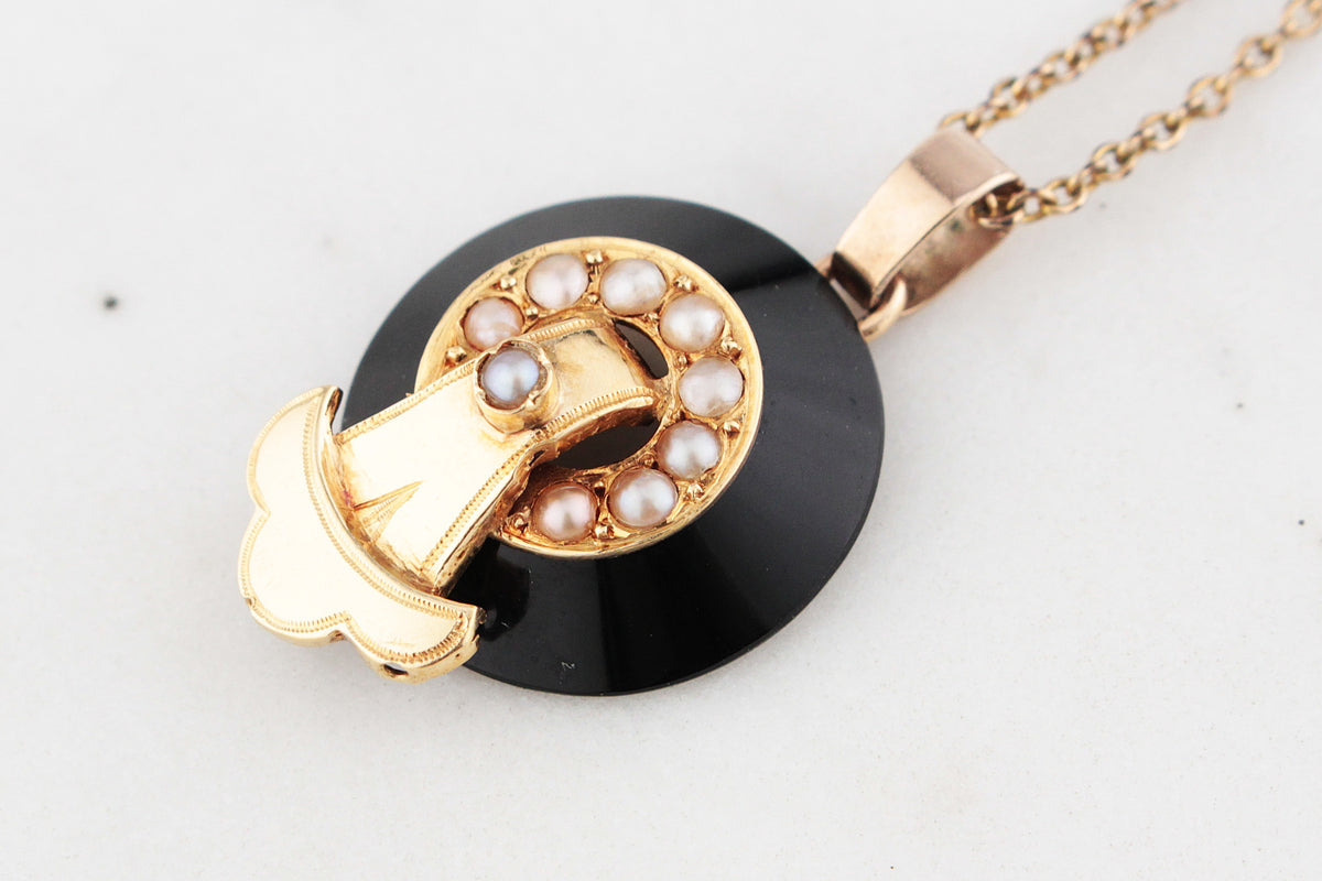 ANTIQUE EDWARDIAN ONYX &amp; SEED PEARL PENDANT &amp; CHAIN 9ct GOLD