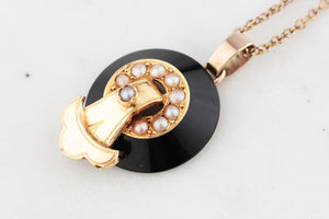 ANTIQUE EDWARDIAN ONYX & SEED PEARL PENDANT & CHAIN 9ct GOLD