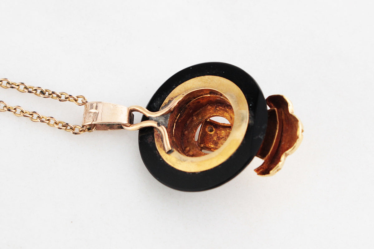 ANTIQUE EDWARDIAN ONYX &amp; SEED PEARL PENDANT &amp; CHAIN 9ct GOLD