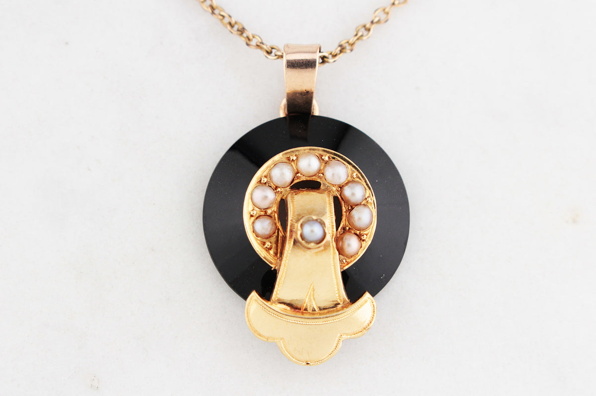 ANTIQUE EDWARDIAN ONYX &amp; SEED PEARL PENDANT &amp; CHAIN 9ct GOLD