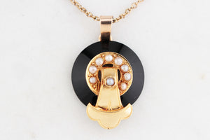 ANTIQUE EDWARDIAN ONYX & SEED PEARL PENDANT & CHAIN 9ct GOLD
