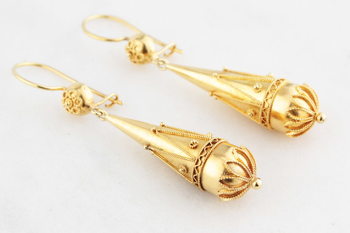 ANTIQUE VICTORIAN CANNETILLE PENDELOQUE EARRINGS 15ct GOLD