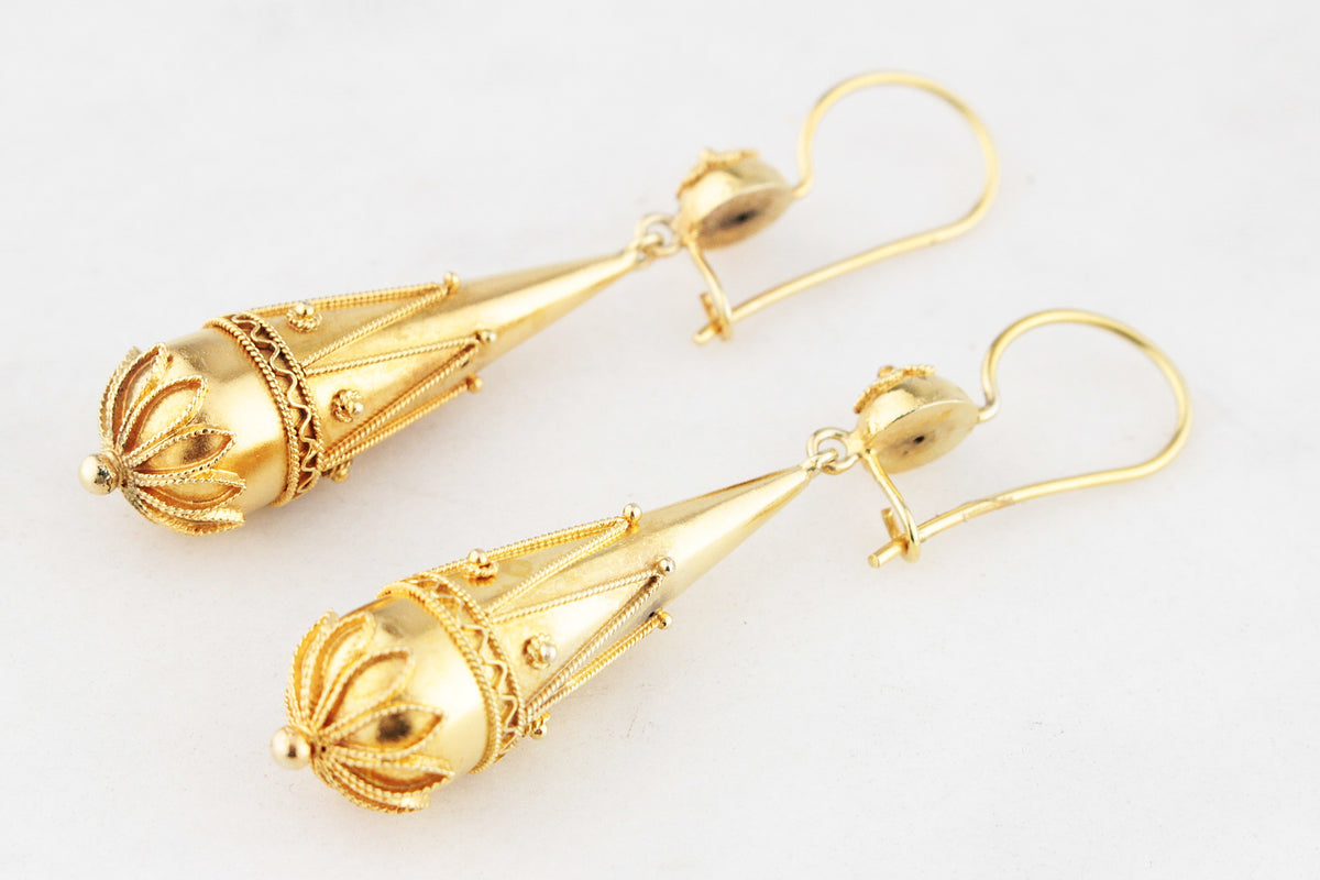 ANTIQUE VICTORIAN CANNETILLE PENDELOQUE EARRINGS 15ct GOLD