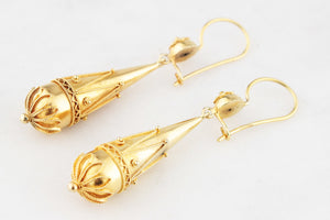 ANTIQUE VICTORIAN CANNETILLE PENDELOQUE EARRINGS 15ct GOLD