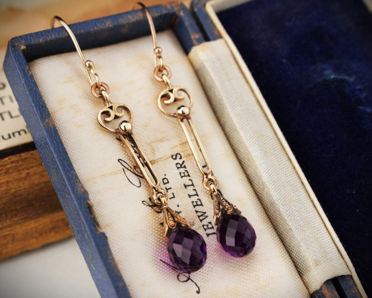 ANTIQUE EDWARDIAN AMETHYST EARRINGS 9ct GOLD