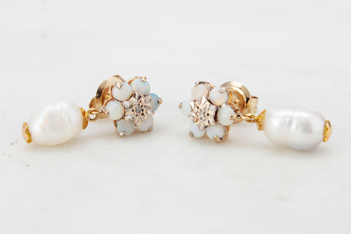 BESPOKE VINTAGE OPAL, DIAMOND &amp; PEARL EARRINGS 9ct GOLD